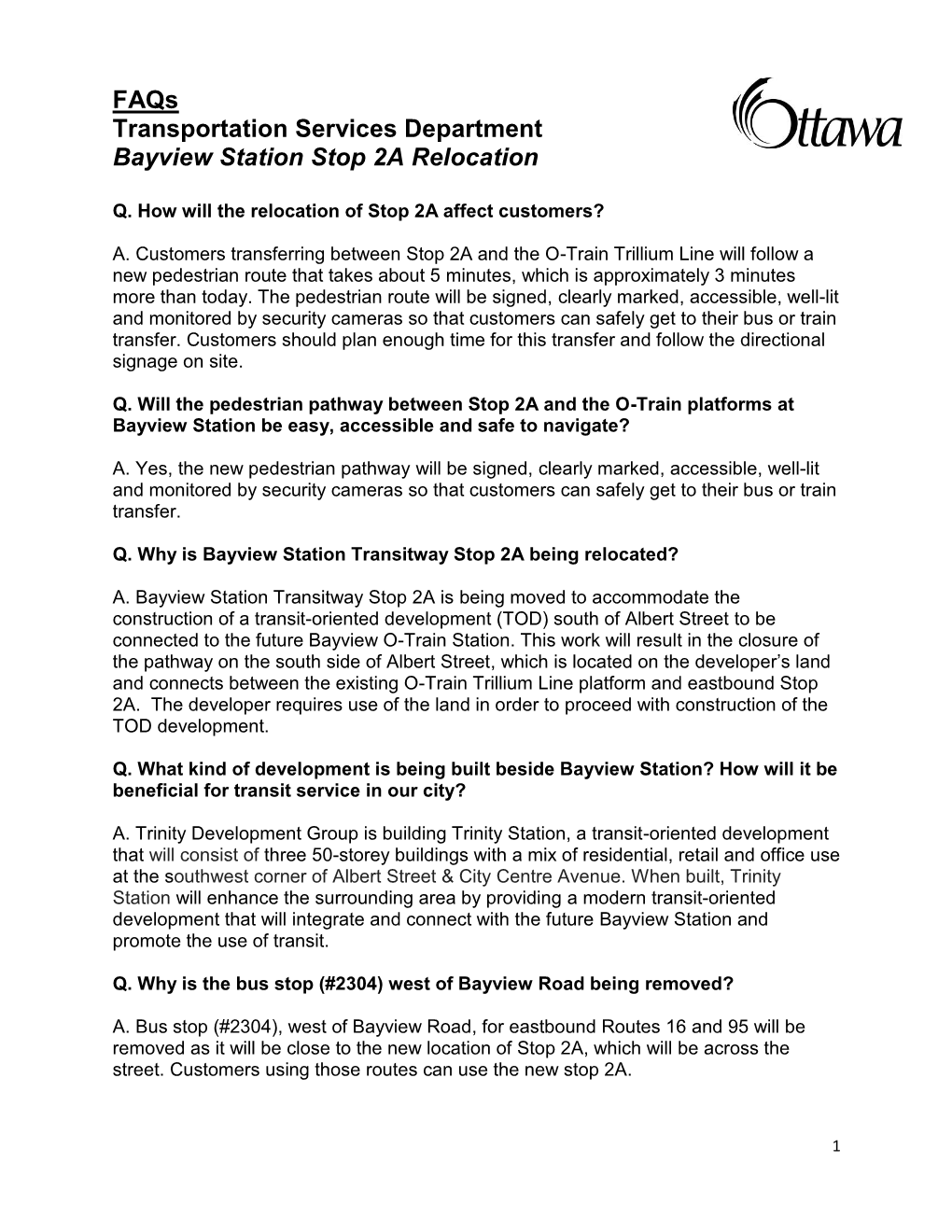 Faqs Transportation Services Department Bayview Station Stop 2A Relocation