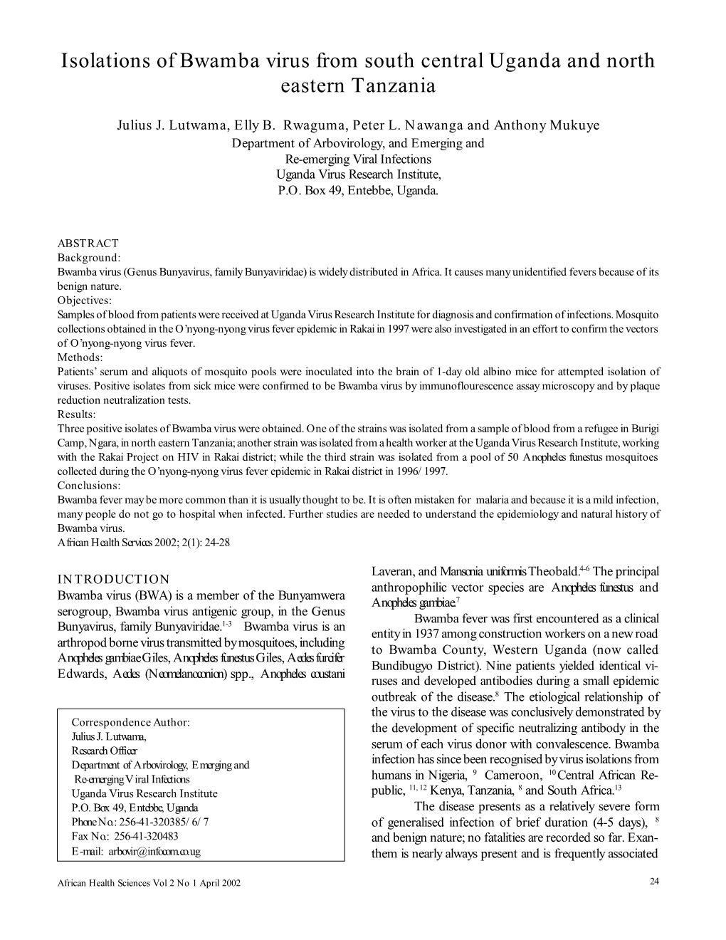 Isolations of Bwamba Virus from South Central Uganda and North Eastern Tanzania