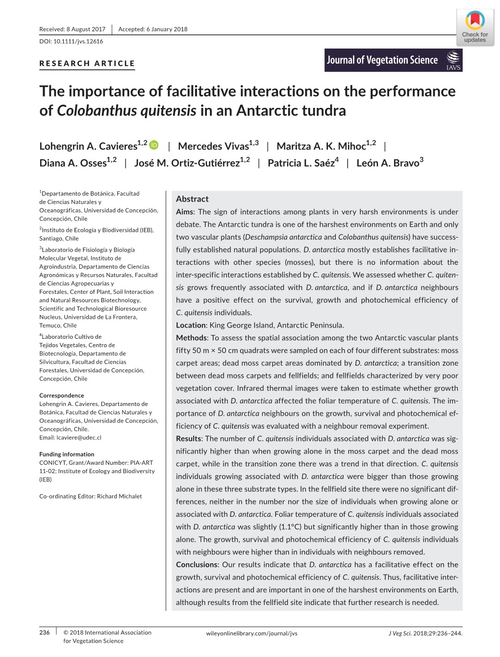 The Importance of Facilitative Interactions on the Performance of Colobanthus Quitensis in an Antarctic Tundra