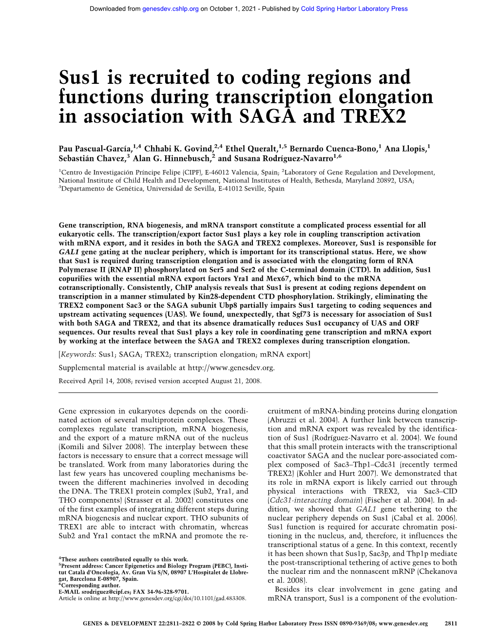 Sus1 Is Recruited to Coding Regions and Functions During Transcription Elongation in Association with SAGA and TREX2