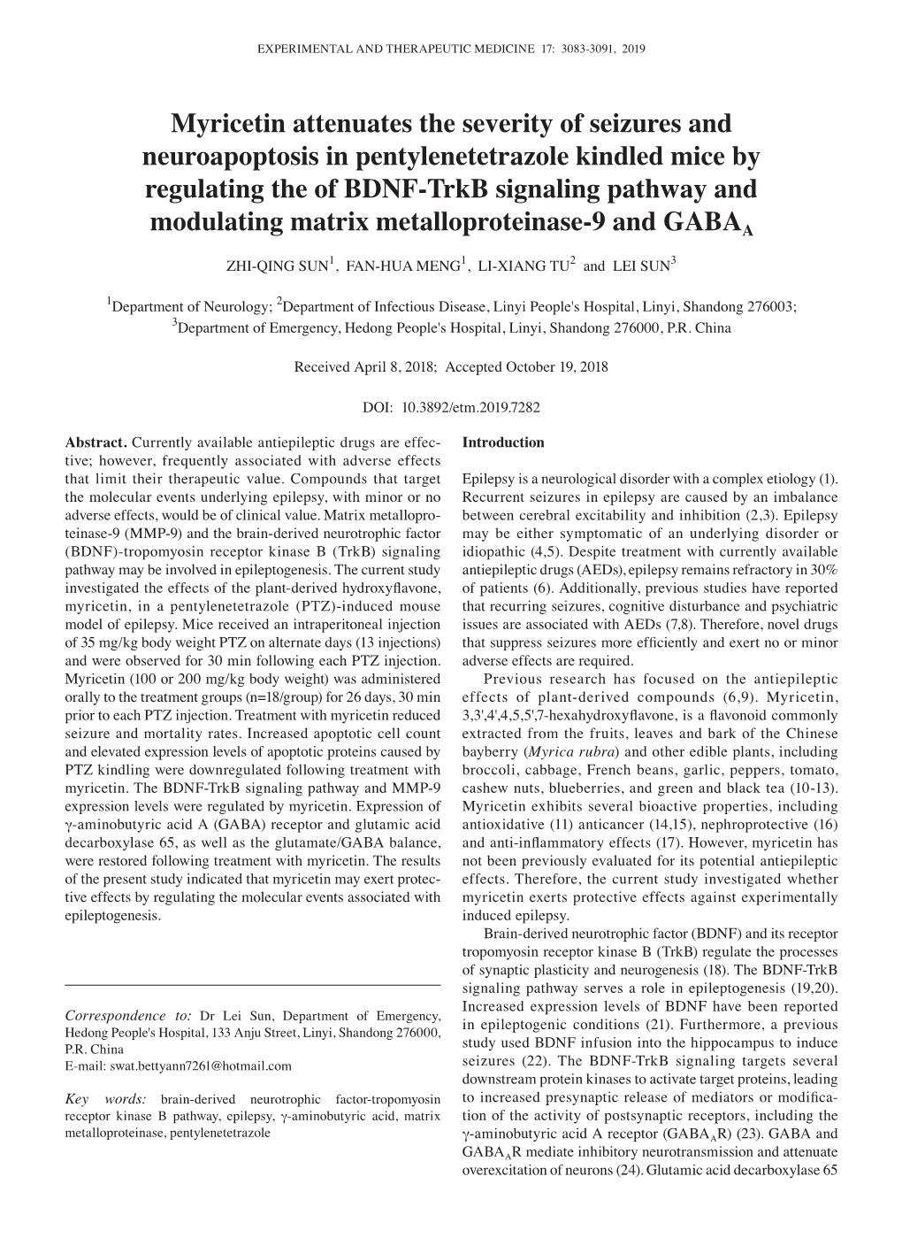 Myricetin Attenuates the Severity of Seizures and Neuroapoptosis in Pentylenetetrazole Kindled Mice by Regulating the of BDNF‑Trkb Signaling Pathway And