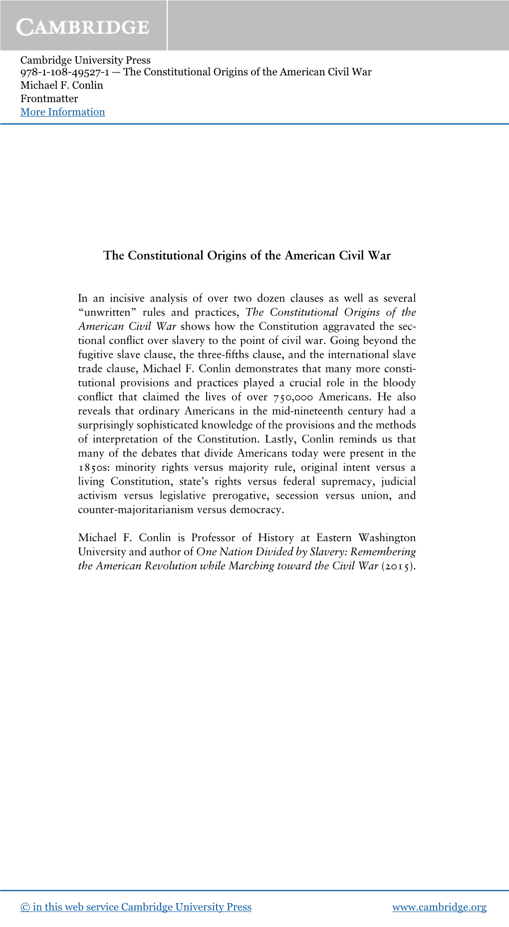 The Constitutional Origins of the American Civil War Michael F