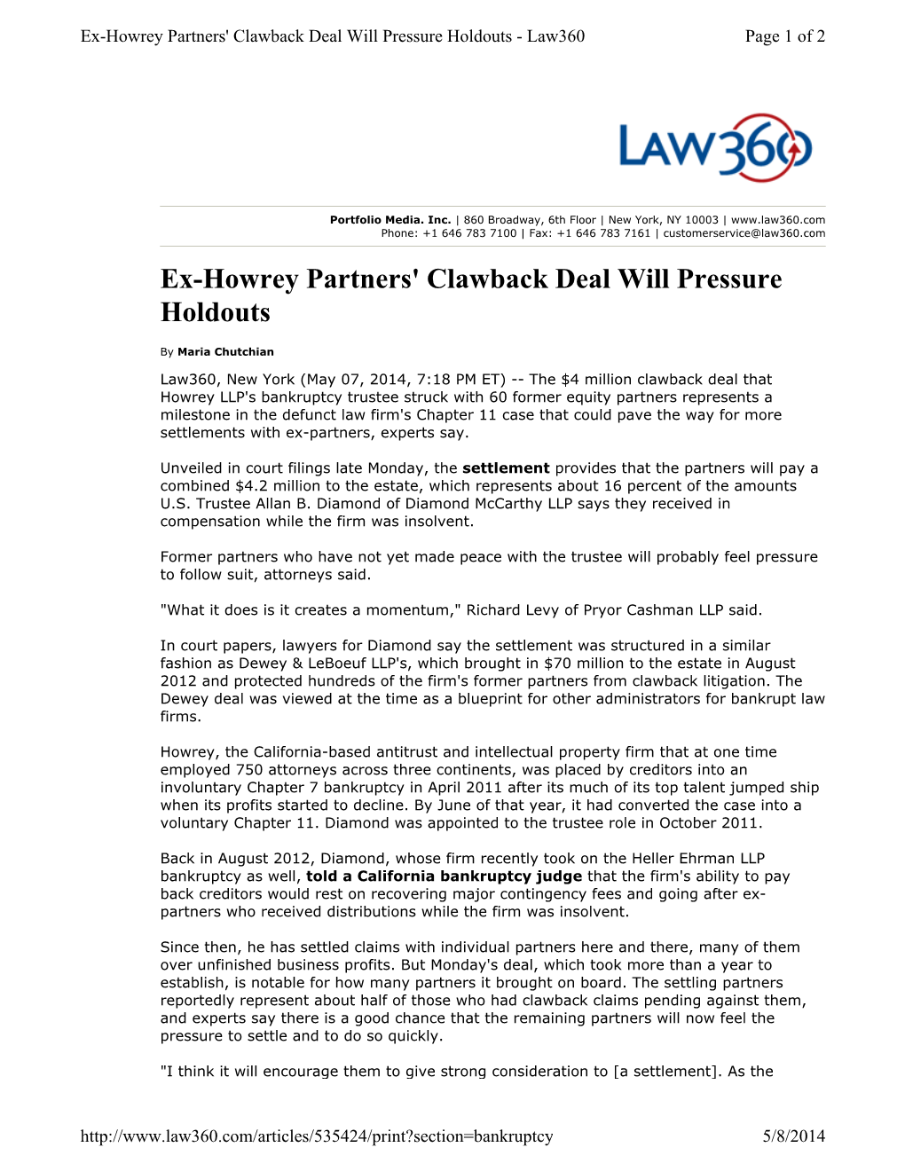 Ex-Howrey Partners' Clawback Deal Will Pressure Holdouts - Law360 Page 1 of 2