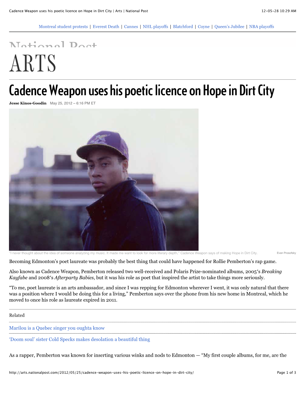 Cadence Weapon Uses His Poetic Licence on Hope in Dirt City | Arts | National Post 12-05-28 10:29 AM