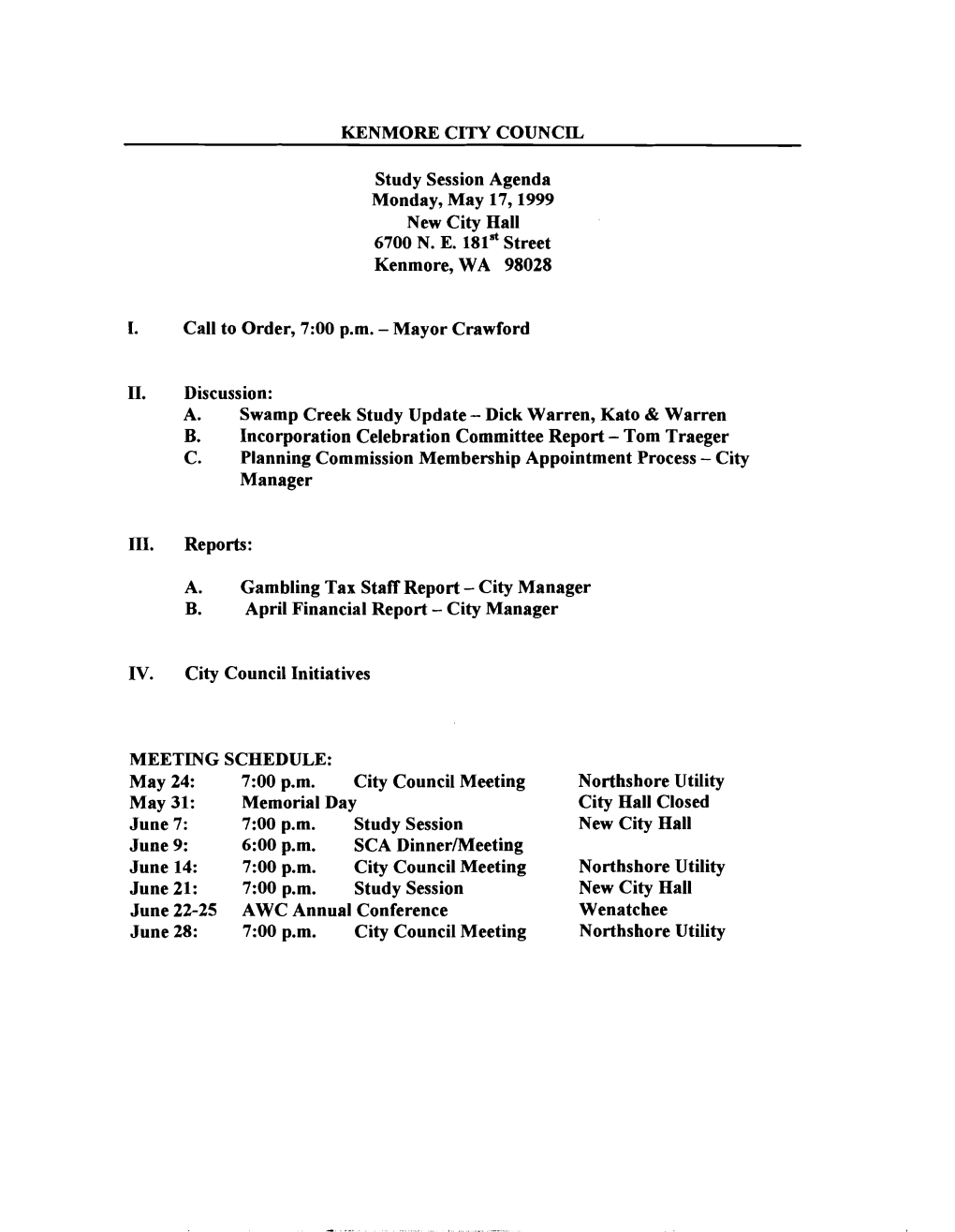 KENMORE CITY COUNCIL Study Session Agenda Monday, May 17