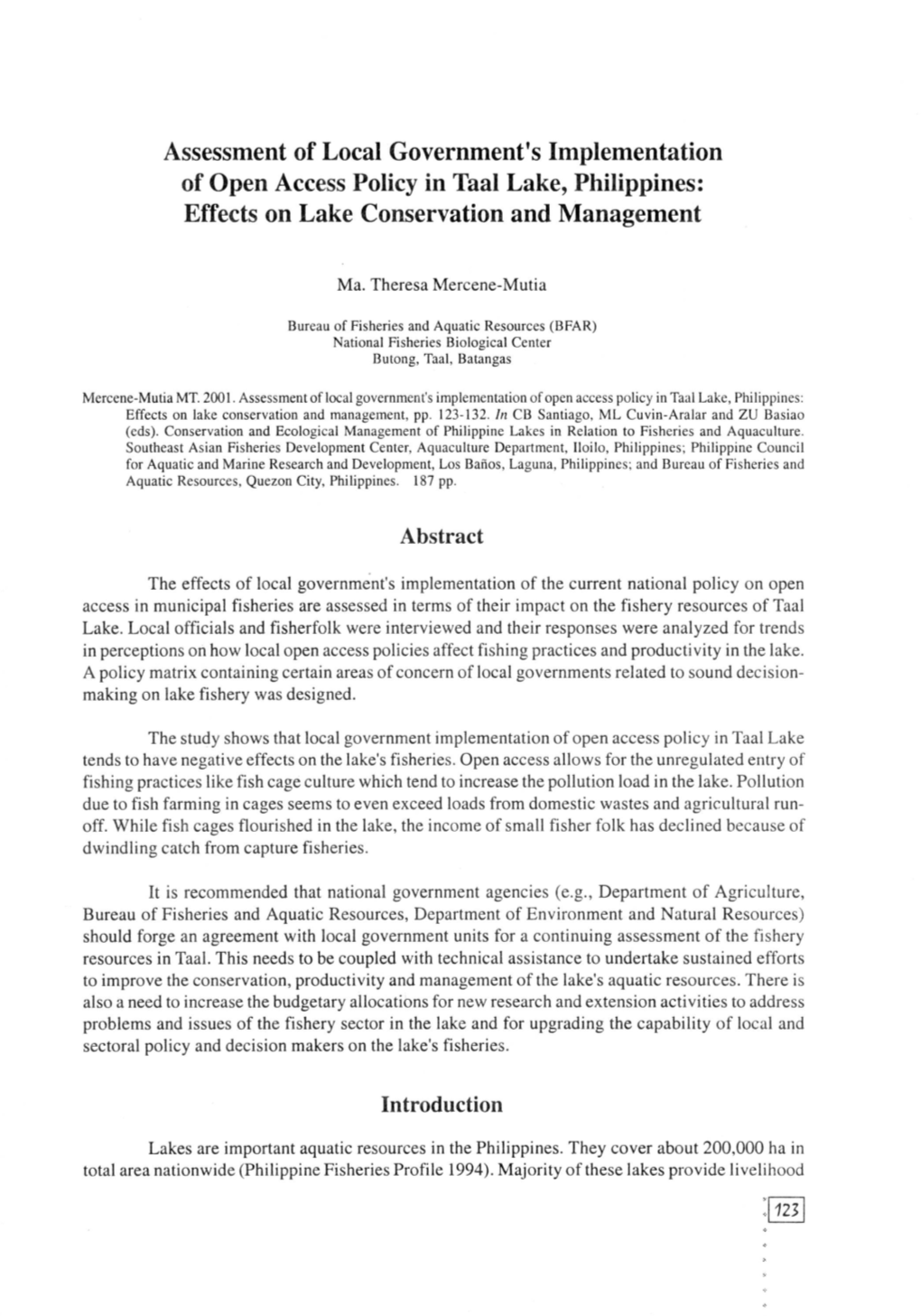 Assessment of Local Government's Implementation of Open Access Policy in Taal Lake, Philippines: Effects on Lake Conservation and Management