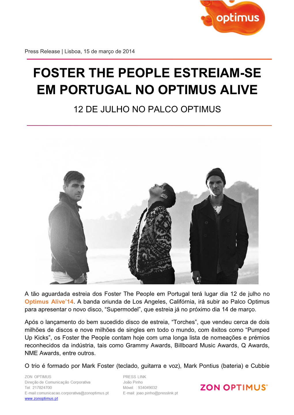 Foster the People Estreiam-Se Em Portugal No Optimus Alive 12 De Julho No Palco Optimus