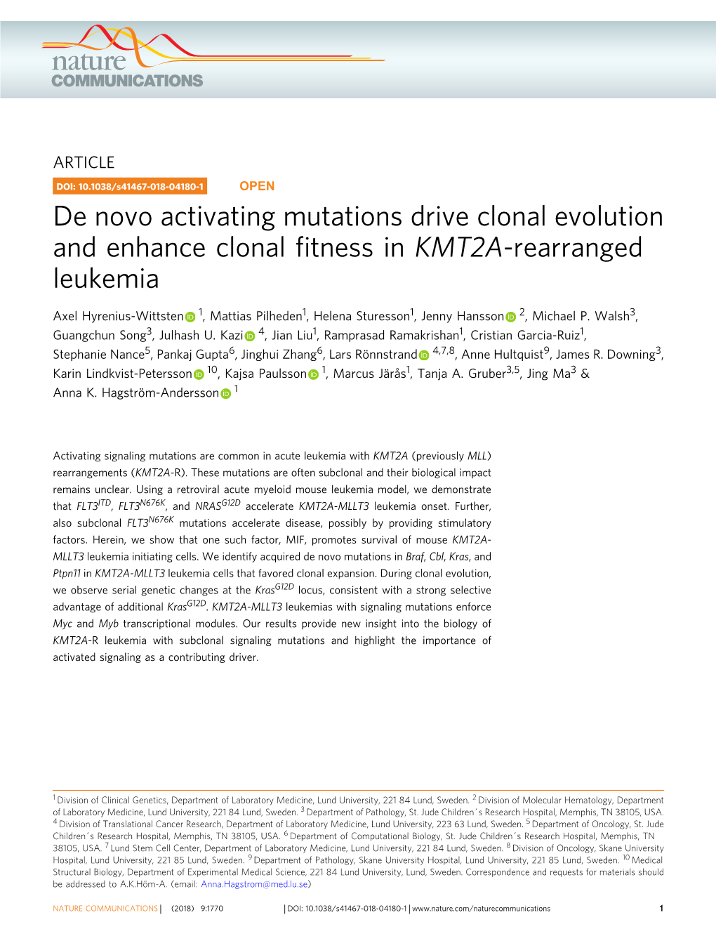 De Novo Activating Mutations Drive Clonal Evolution and Enhance Clonal ﬁtness in KMT2A-Rearranged Leukemia