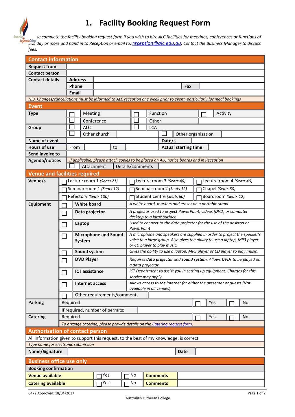 Facility Booking Request Form