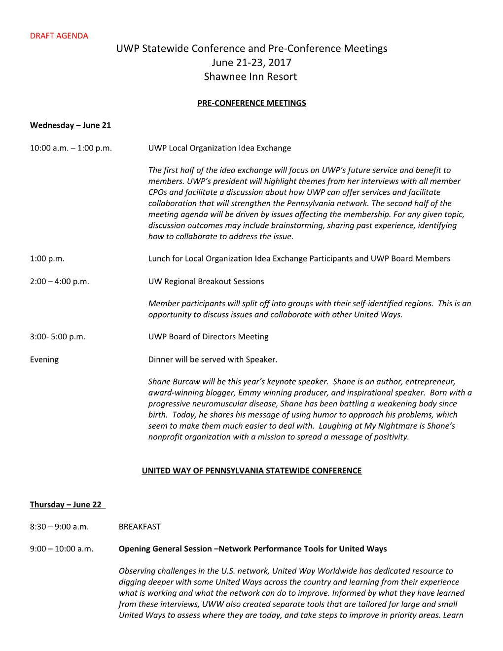 UWP Statewide Conference and Pre-Conference Meetings