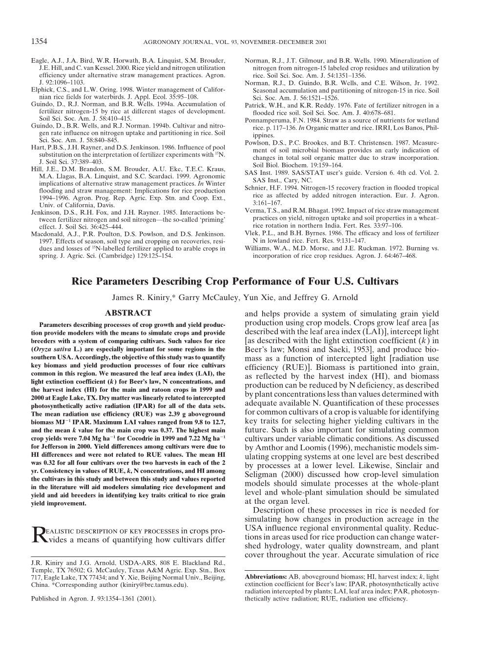 Rice Parameters Describing Crop Performance of Four U.S. Cultivars James R