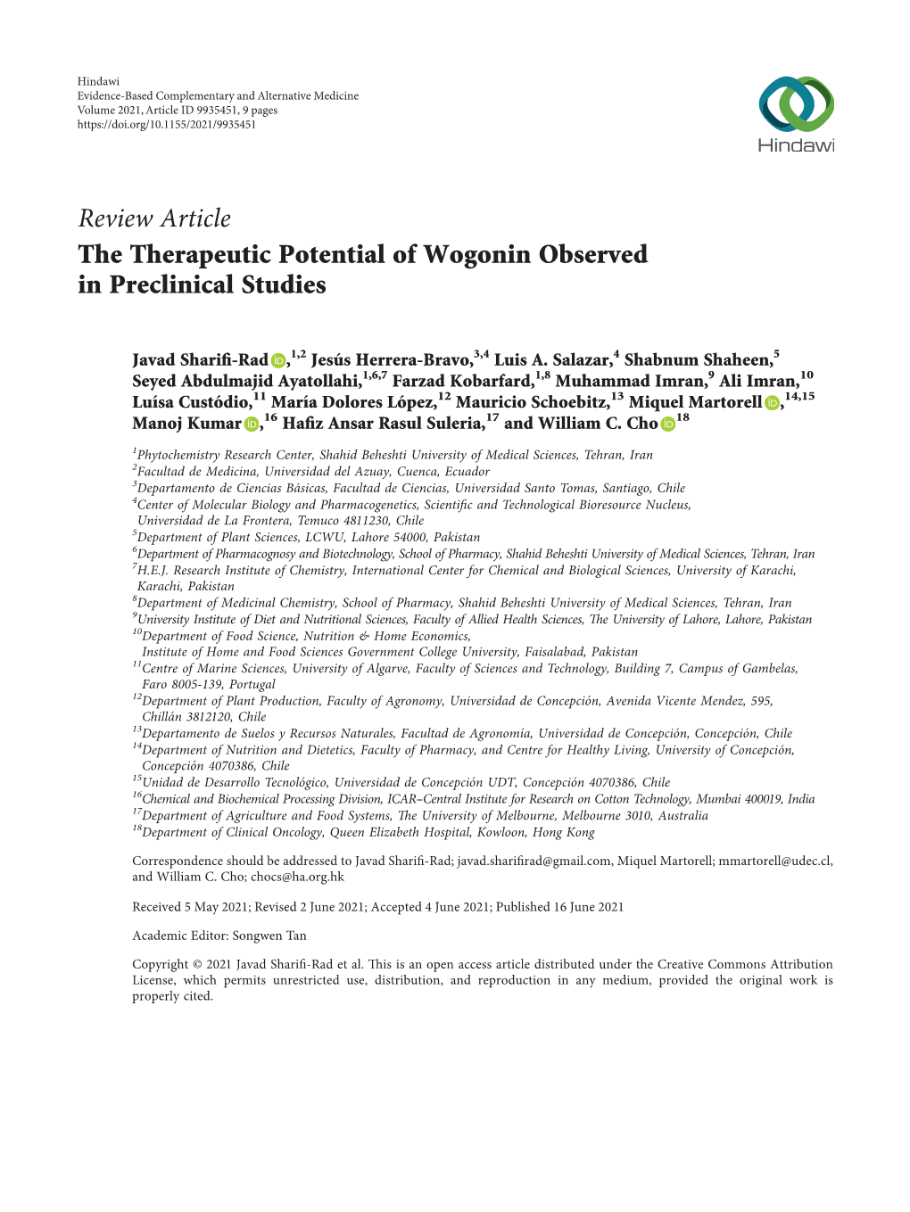 The Therapeutic Potential of Wogonin Observed in Preclinical Studies