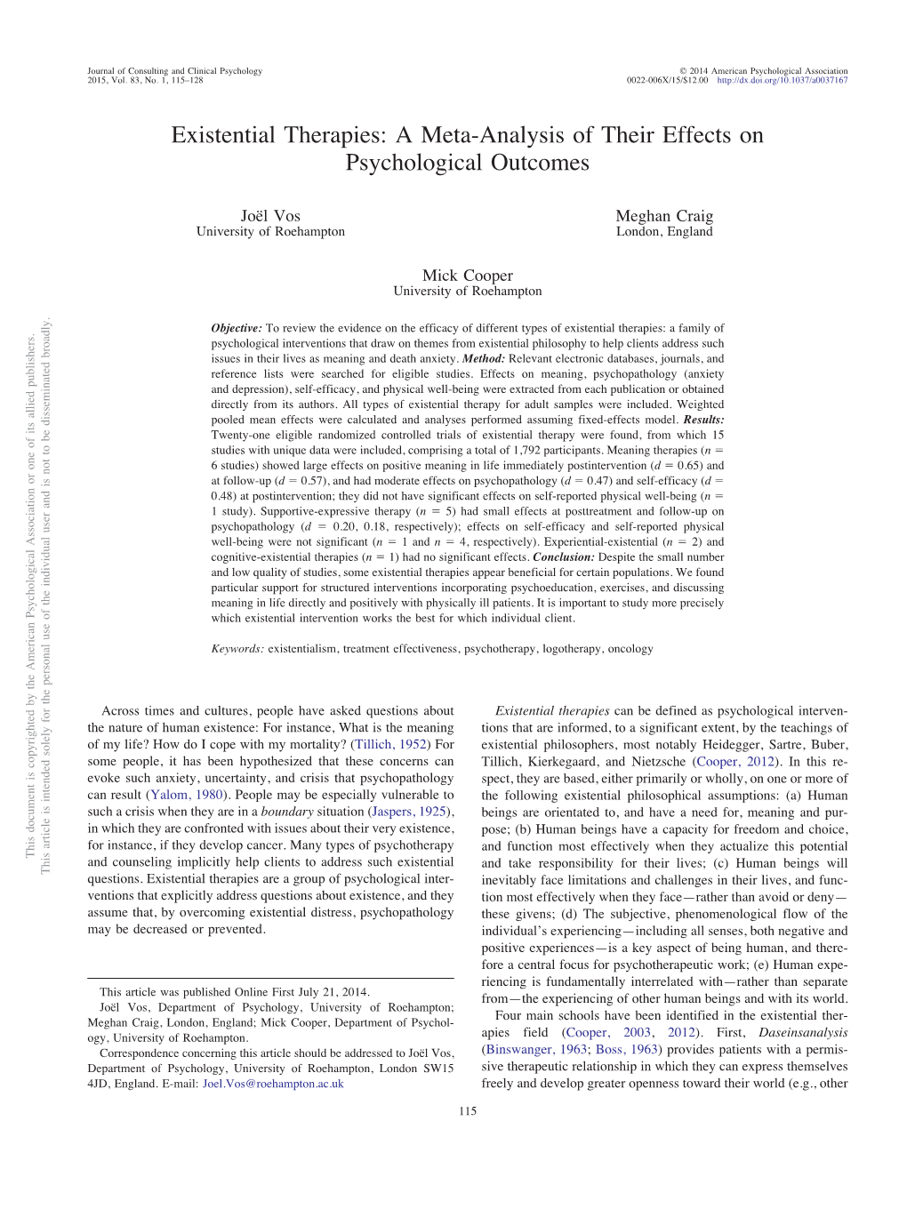 Existential Therapies: a Meta-Analysis of Their Effects on Psychological Outcomes