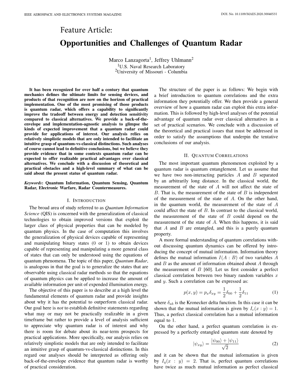 Feature Article: Opportunities and Challenges of Quantum Radar