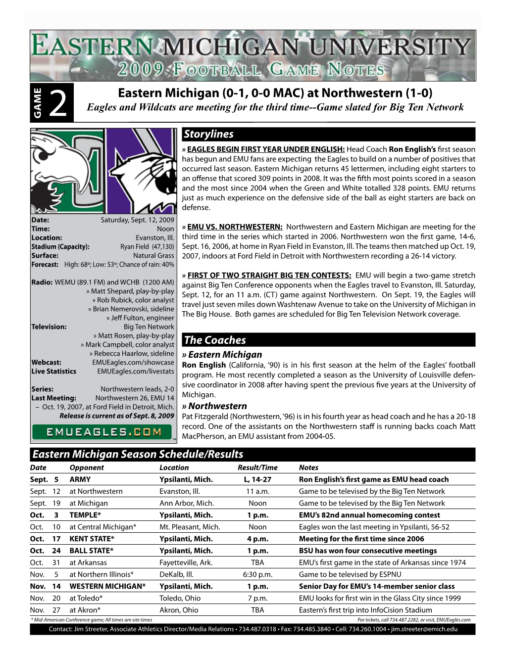 Game 2 Eastern Michigan (0-1, 0-0 Mac) at Northwestern