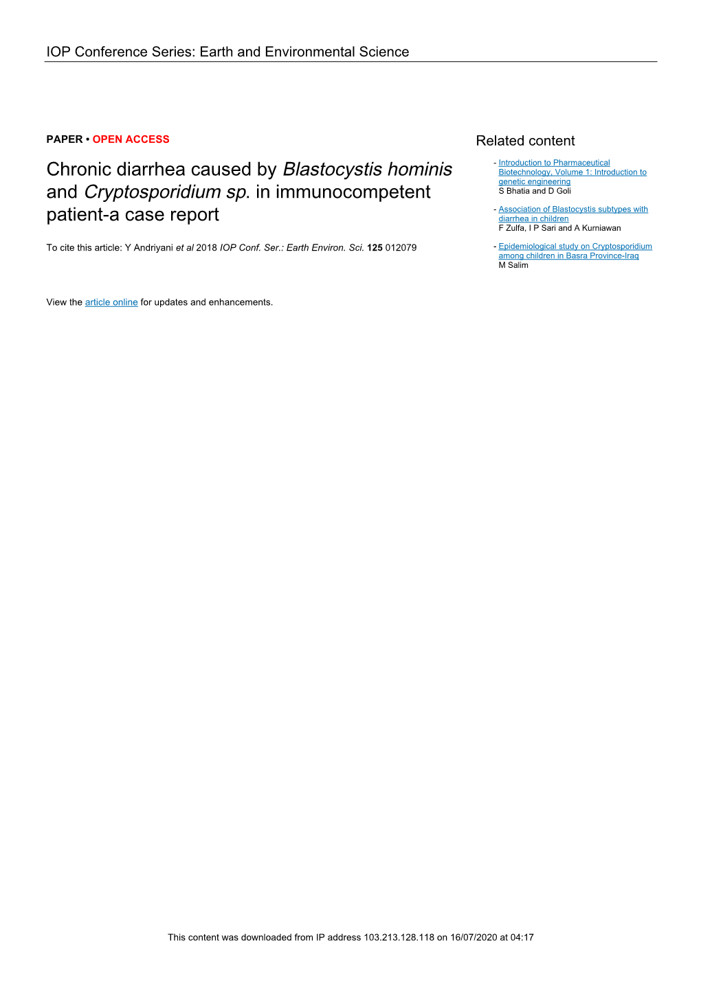Chronic Diarrhea Caused by Blastocystis Hominis and Cryptosporidium Sp. in Immunocompetent Patient-A Case Report