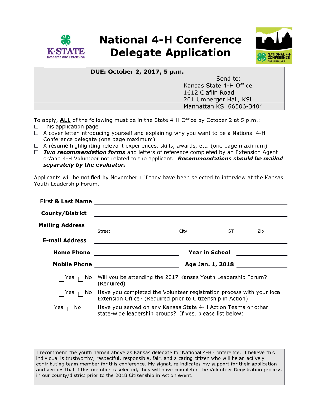 National 4-H Conference Delegate Application