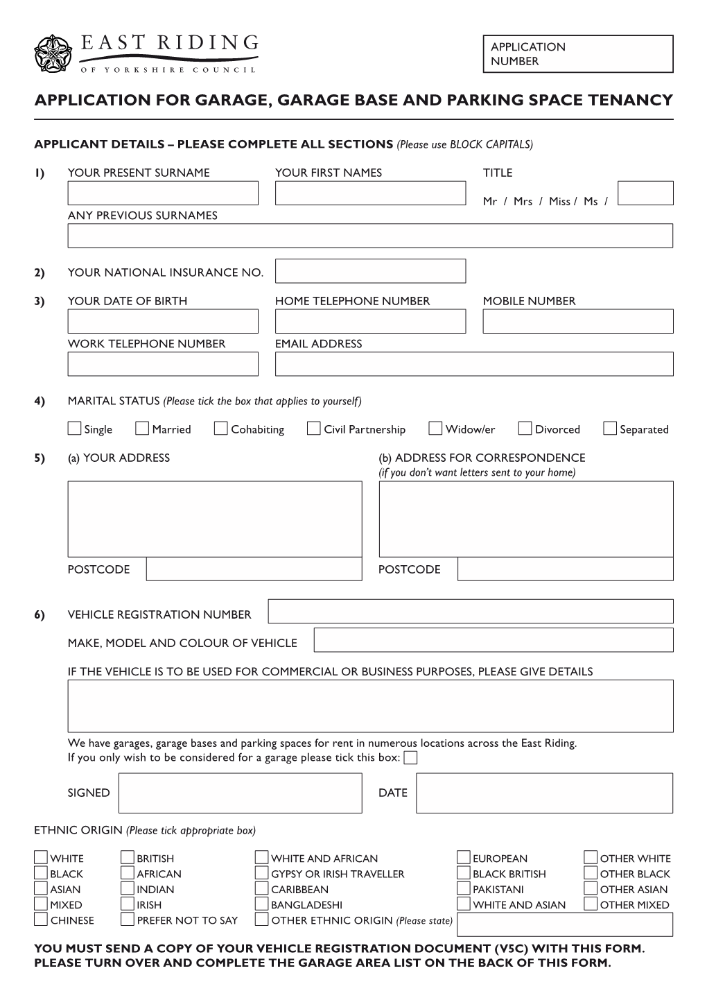 Council Garage, Garage Base and Parking Space Application Form