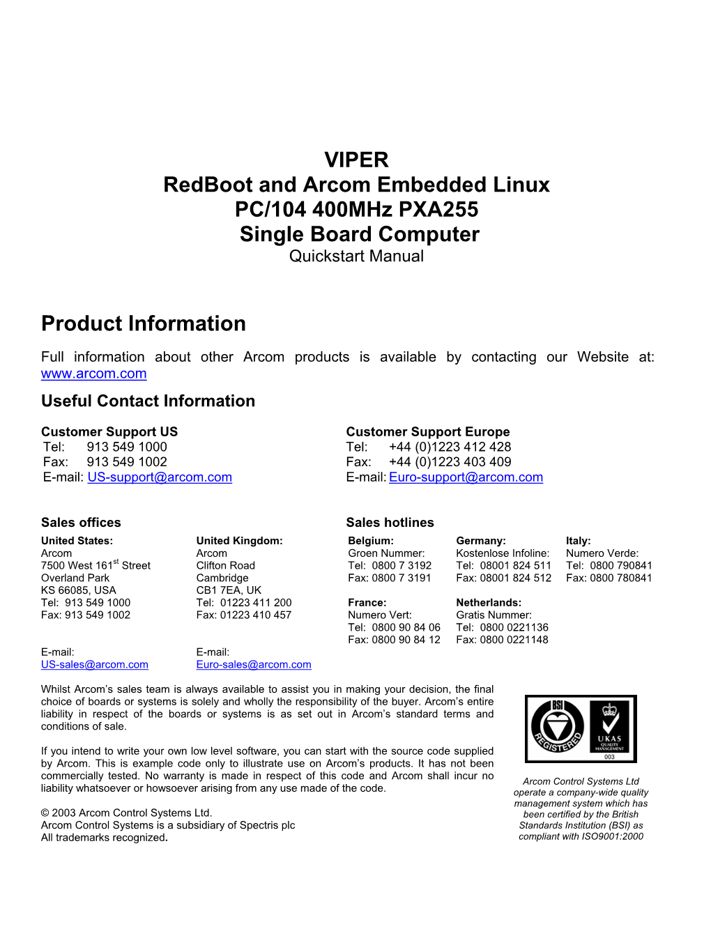Redboot and Arcom Embedded Linux PC/104 400Mhz PXA255 Single Board Computer Quickstart Manual