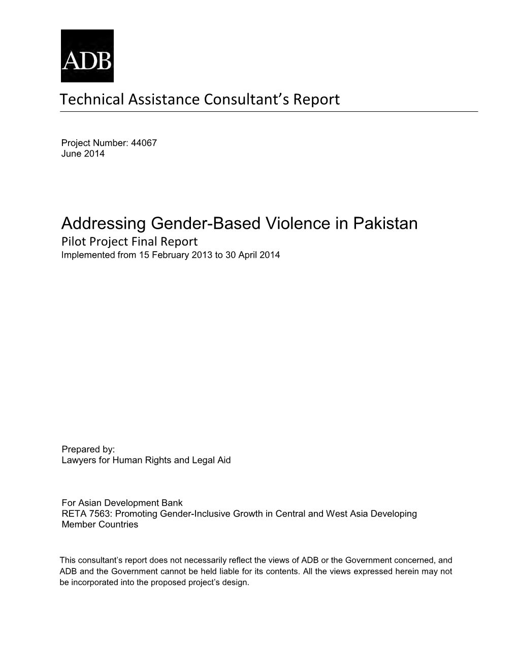 44067-012: Addressing Gender-Based Violence in Pakistan