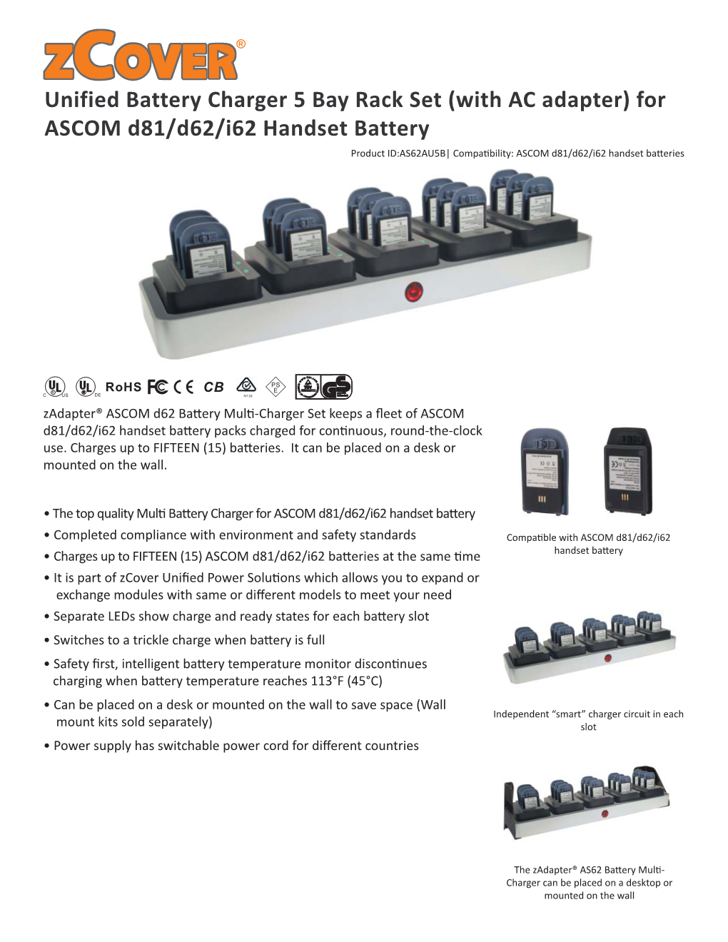 Unified Battery Charger 5 Bay Rack Set (With AC Adapter) for ASCOM D81/D62/I62 Handset Battery Product ID:AS62AU5B| Compa� Bility: ASCOM D81/D62/I62 Handset Ba� Eries