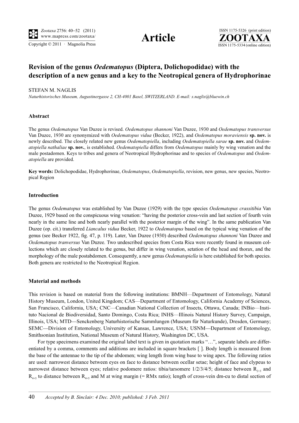 Diptera, Dolichopodidae) with the Description of a New Genus and a Key to the Neotropical Genera of Hydrophorinae