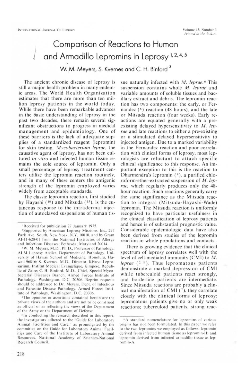 Comparison of Reactions to Human and Armadillo Lepromins In