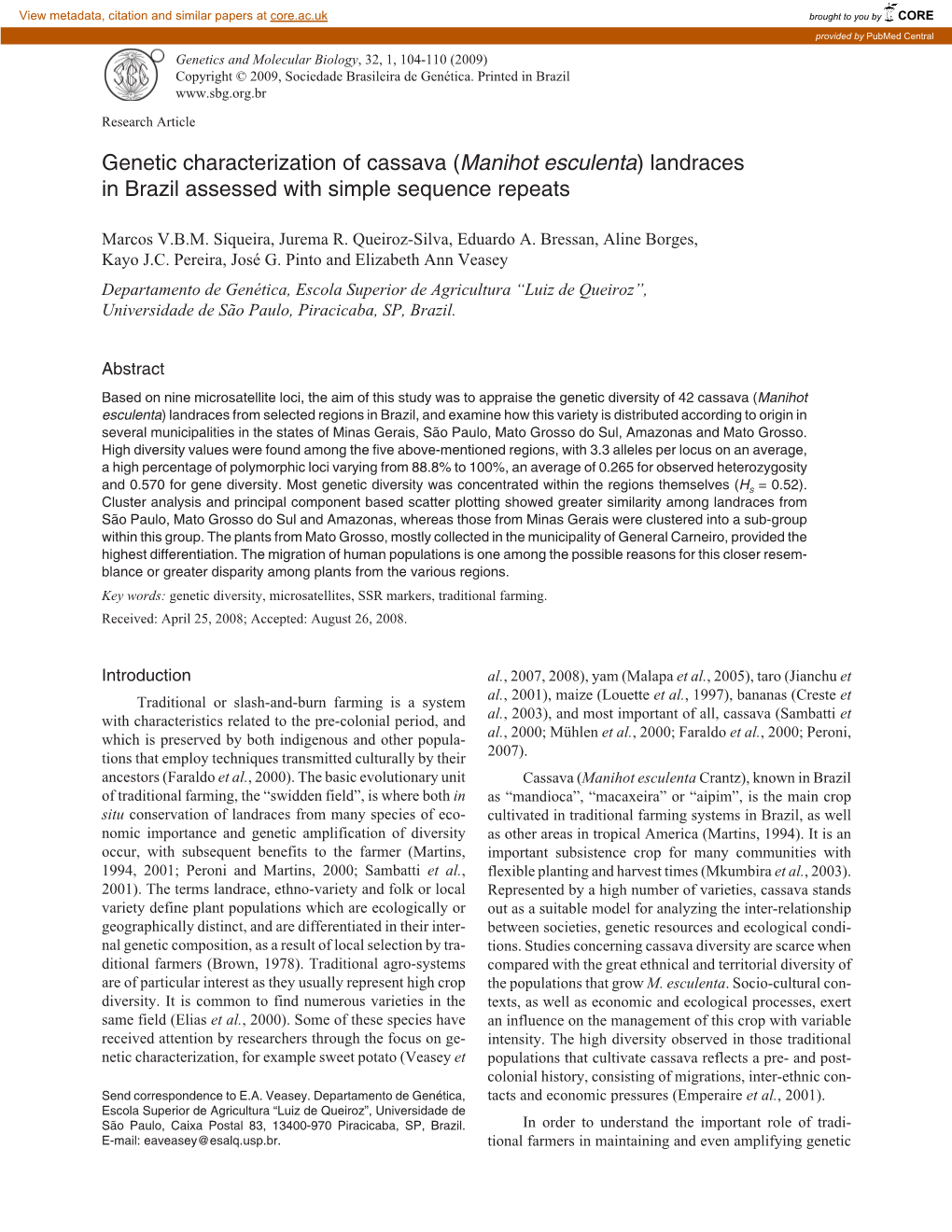 Genetic Characterization of Cassava (Manihot Esculenta) Landraces in Brazil Assessed with Simple Sequence Repeats