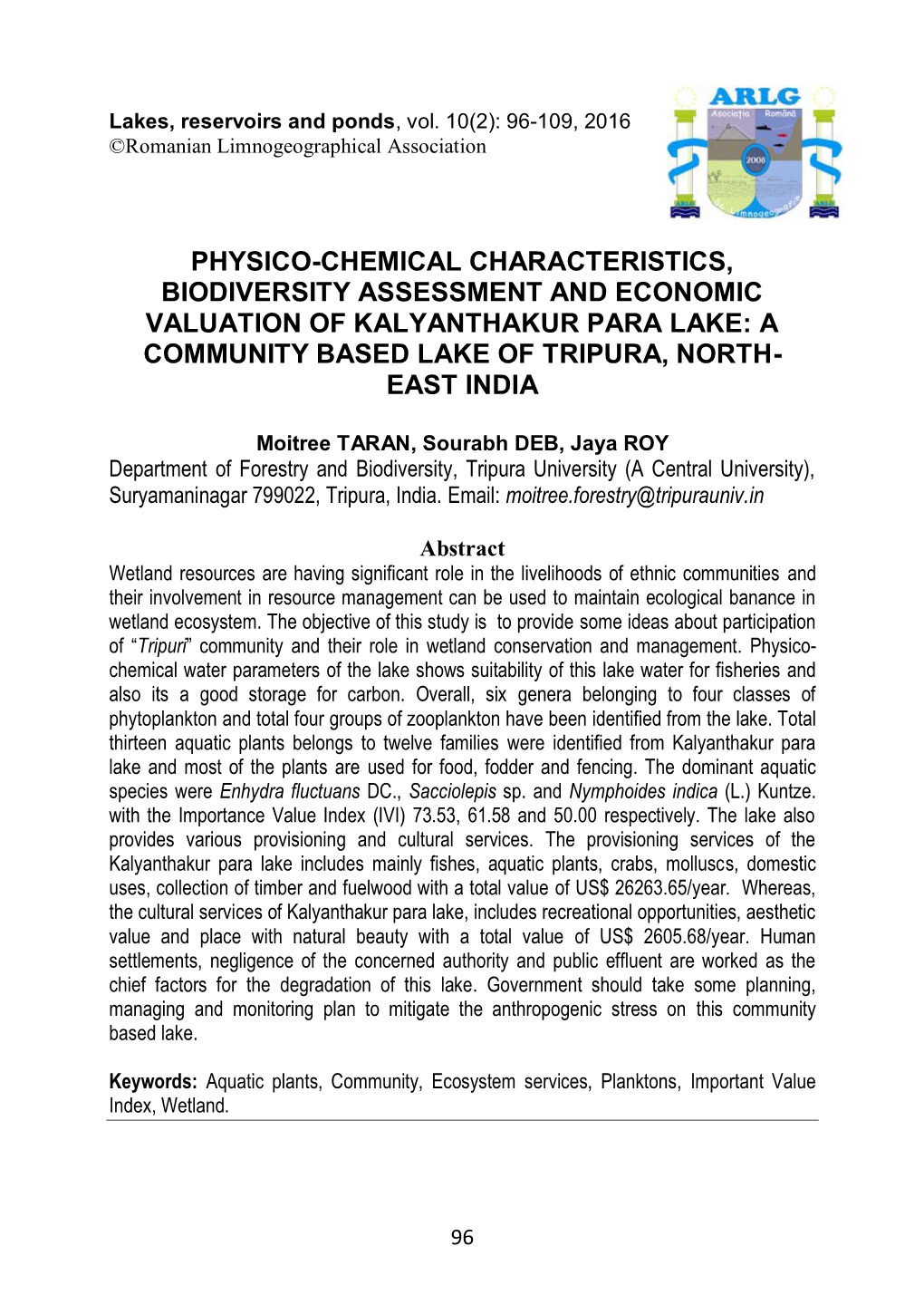 Physico-Chemical Characteristics, Biodiversity Assessment and Economic Valuation of Kalyanthakur Para Lake: a Community Based Lake of Tripura, North- East India