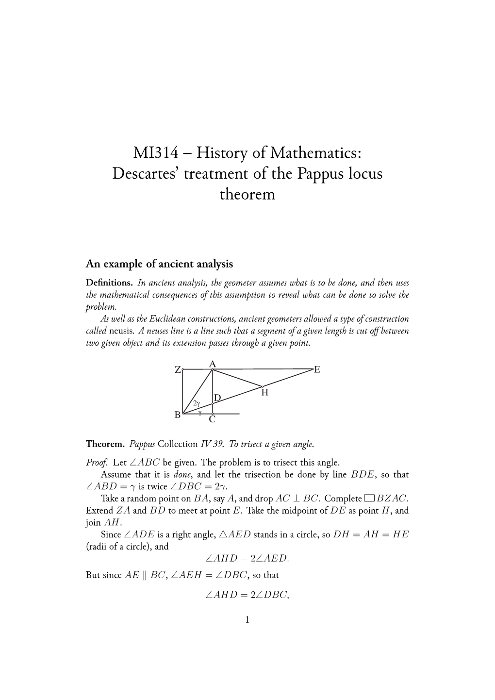 MI314 – History of Mathematics: Descartes' Treatment of the Pappus