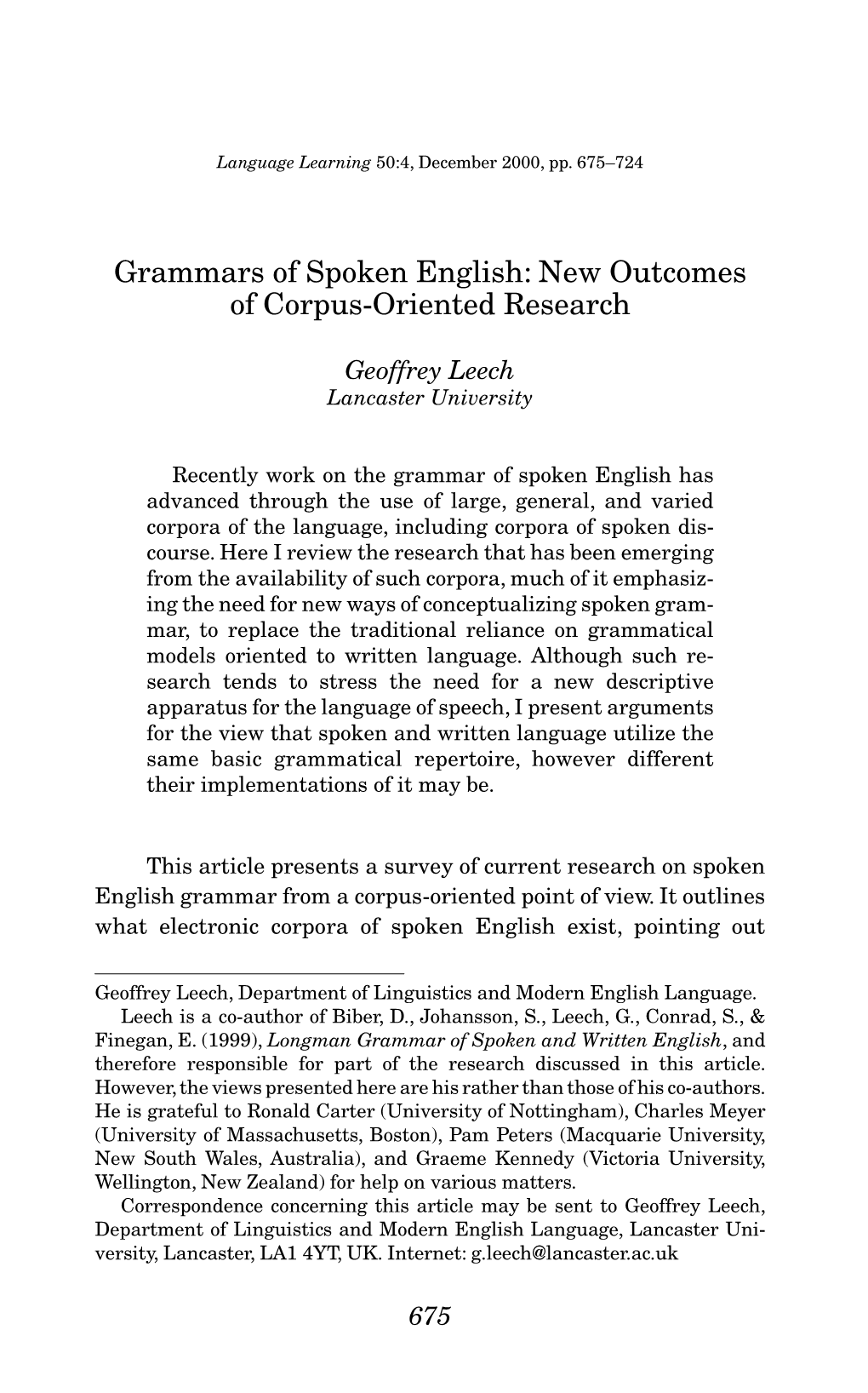 Grammars of Spoken English: New Outcomes of Corpus-Oriented Research