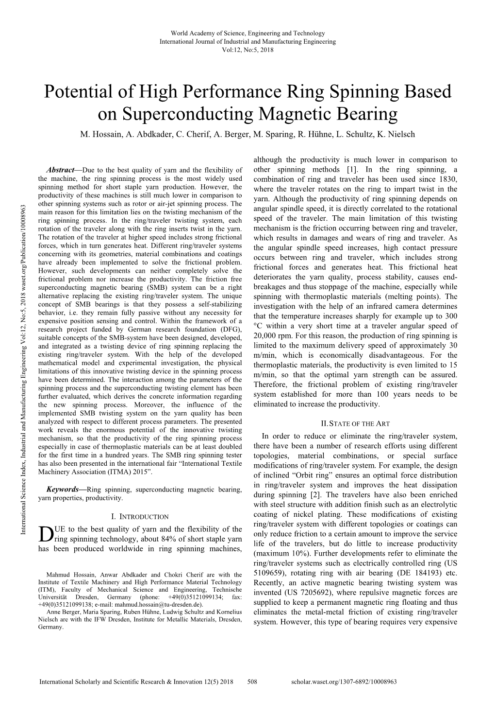 Potential of High Performance Ring Spinning Based on Superconducting Magnetic Bearing M