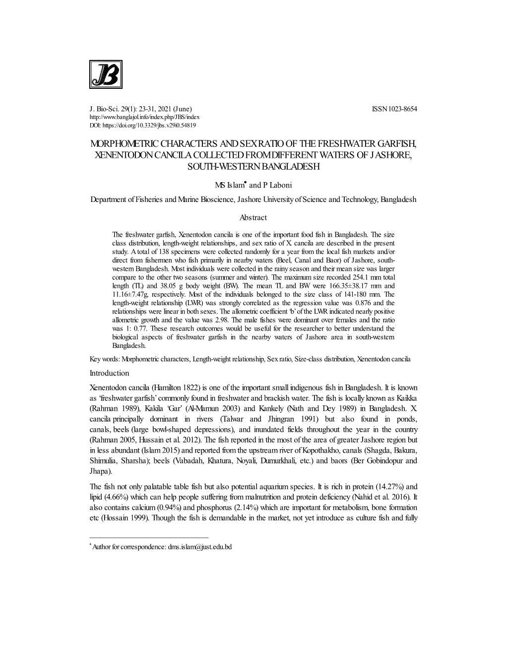 Morphometric Characters and Sex Ratio of the Freshwater Garfish, Xenentodon Cancila Collected from Different Waters of Jashore, South-Western Bangladesh