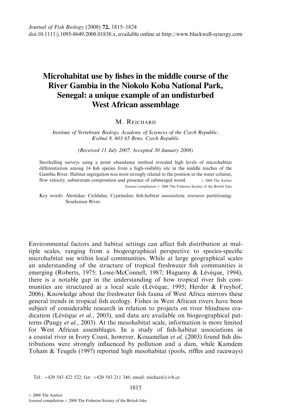 Microhabitat Use by Fishes in the Middle Course of the River Gambia