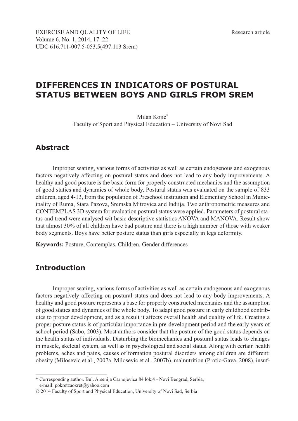 Differences in Indicators of Postural Status Between Boys and Girls from Srem
