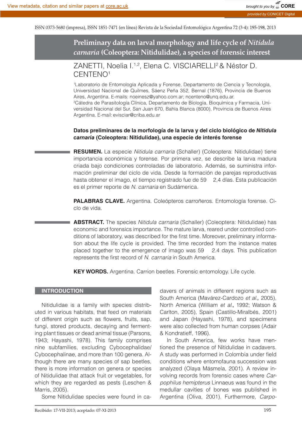 Coleoptera: Nitidulidae), a Species of Forensic Interest ZANETTI, Noelia I.1,2, Elena C