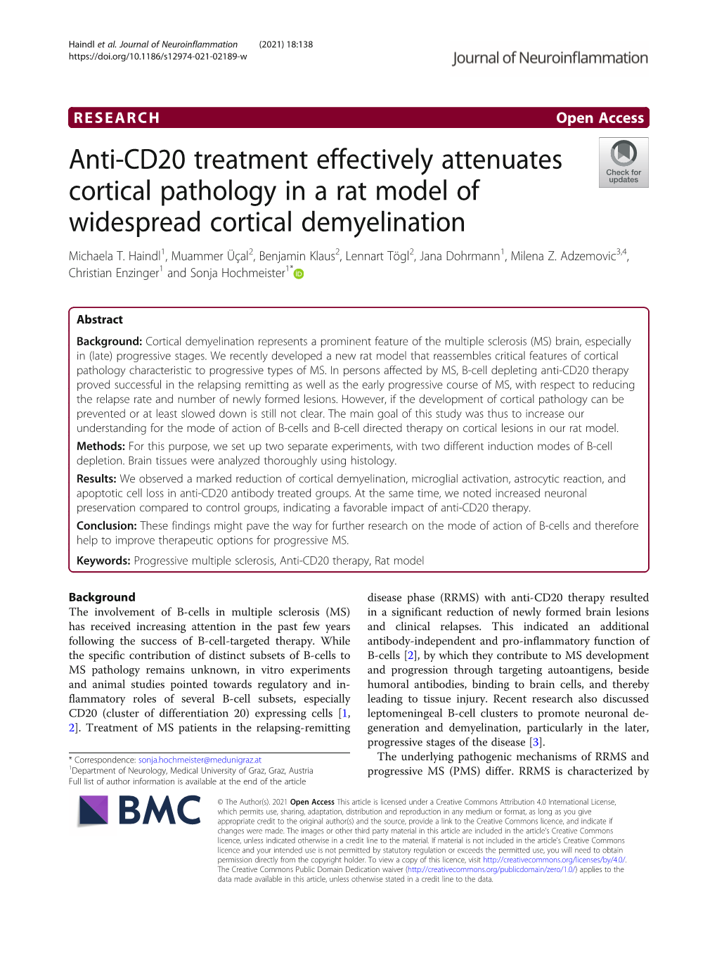 Anti-CD20 Treatment Effectively Attenuates Cortical Pathology in a Rat Model of Widespread Cortical Demyelination Michaela T