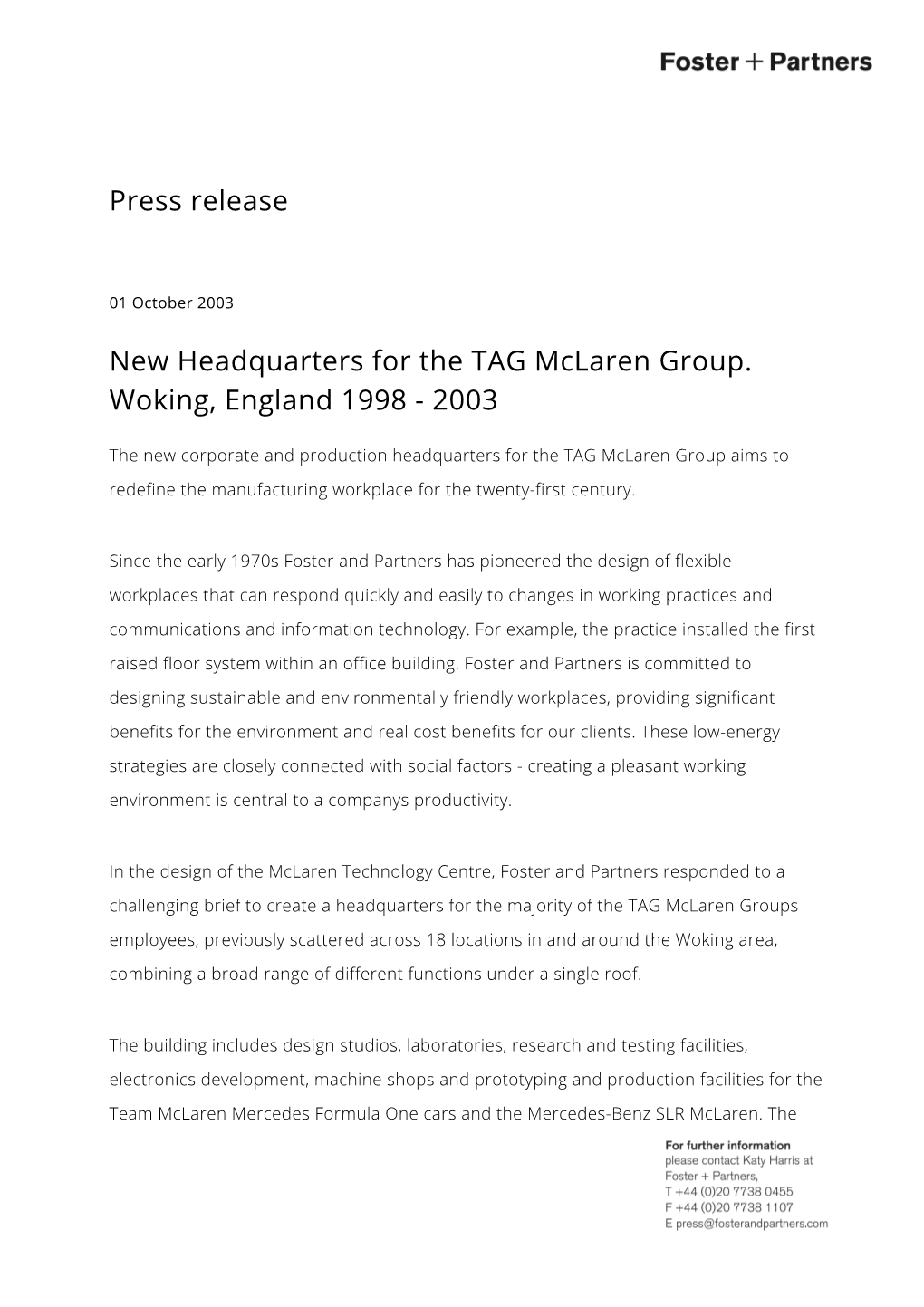 Press Release New Headquarters for the TAG Mclaren Group. Woking