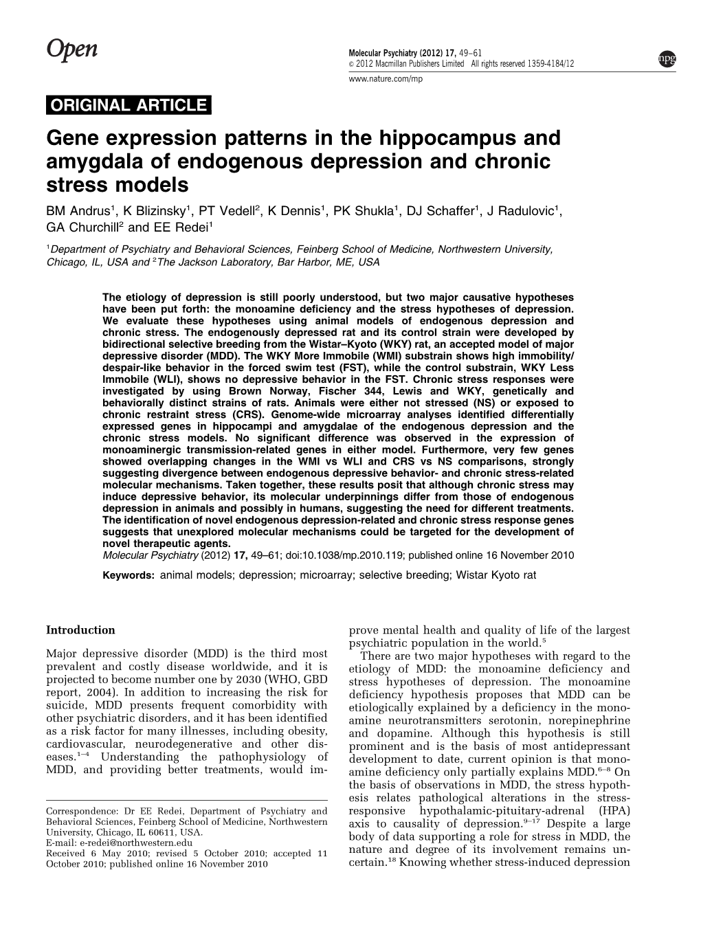 Gene Expression Patterns in the Hippocampus and Amygdala Of