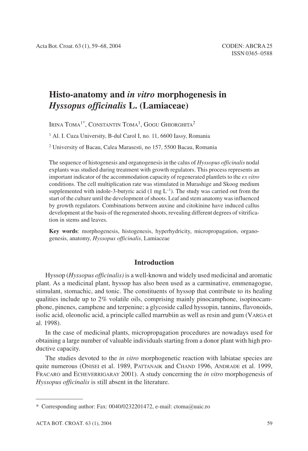 Histo-Anatomy and in Vitro Morphogenesis in Hyssopus Officinalis L