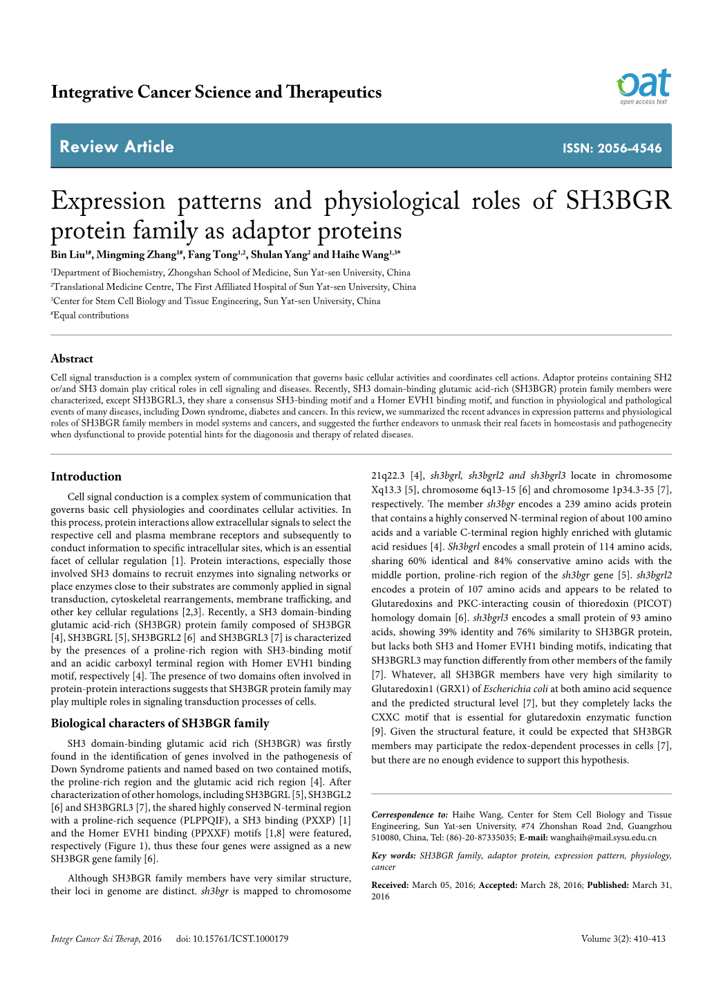 Expression Patterns and Physiological Roles of SH3BGR Protein Family As