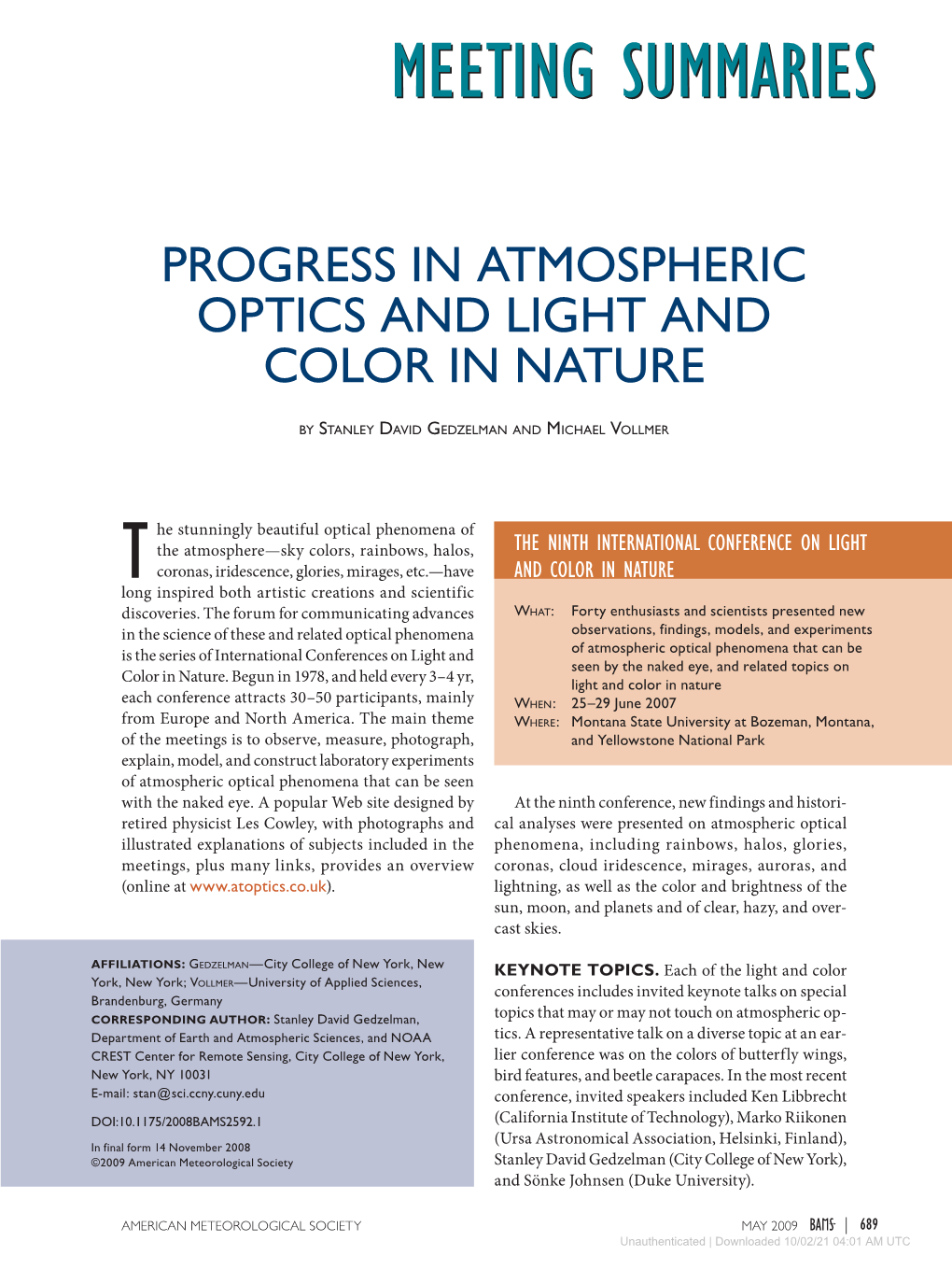 Progress in Atmospheric Optics and Light and Color in Nature