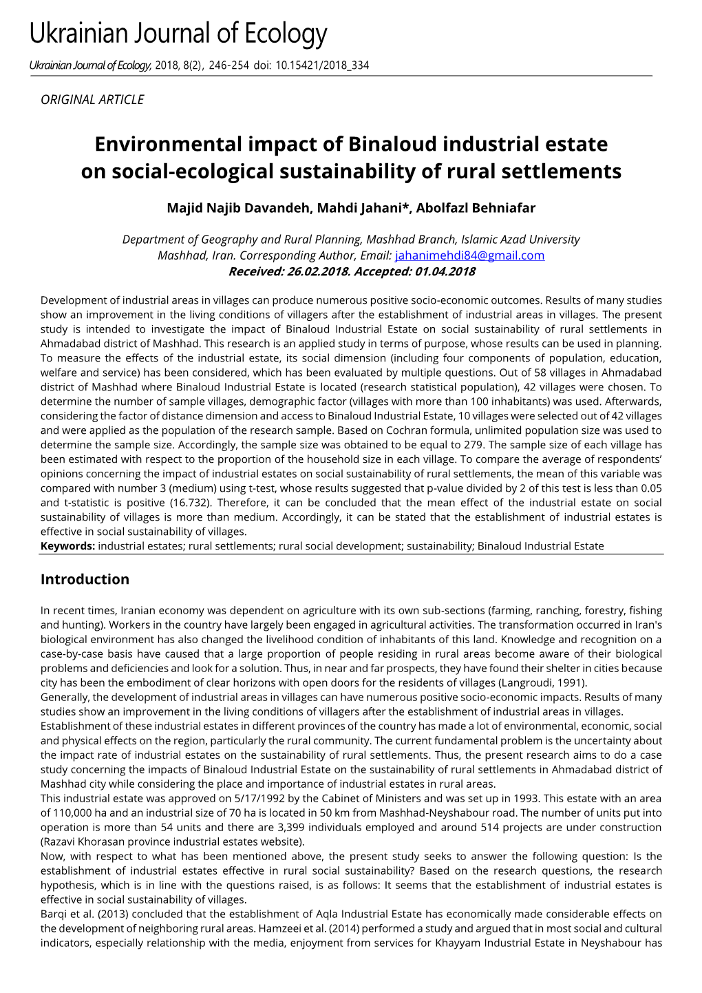 Environmental Impact of Binaloud Industrial Estate on Social-Ecological Sustainability of Rural Settlements