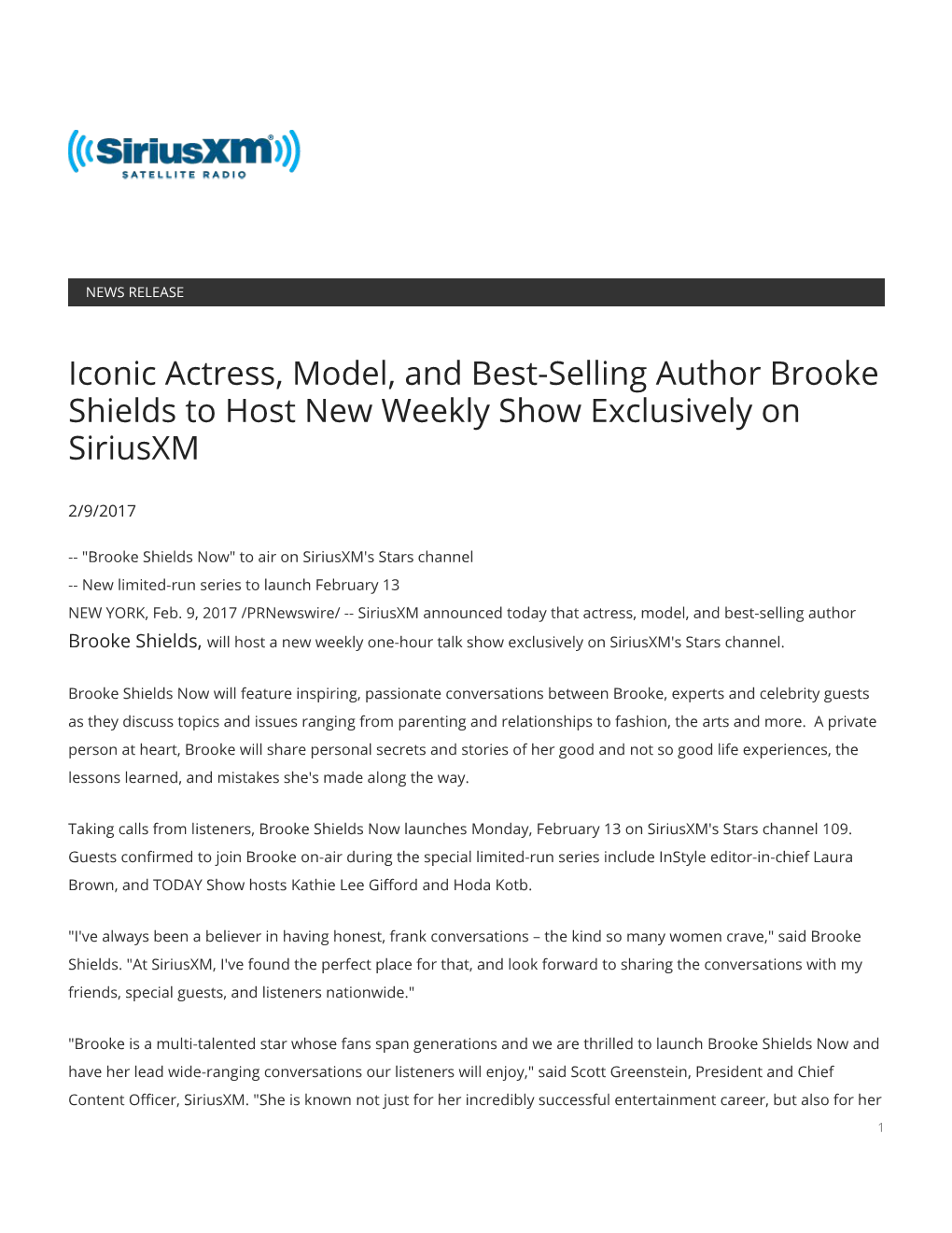 Iconic Actress, Model, and Best-Selling Author Brooke Shields to Host New Weekly Show Exclusively on Siriusxm