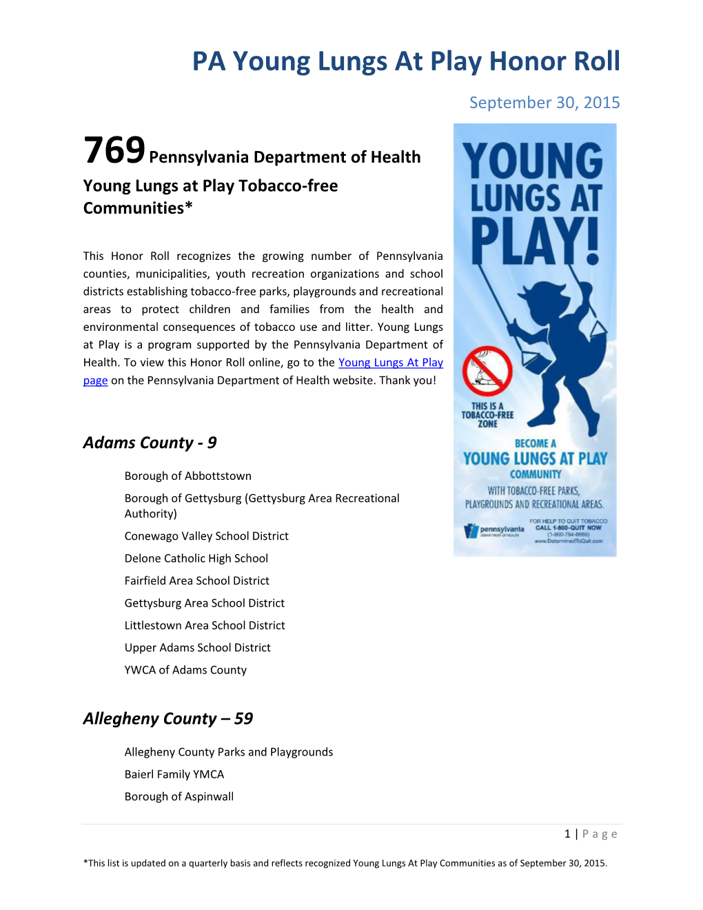 PA Young Lungs at Play Honor Roll September 30, 2015