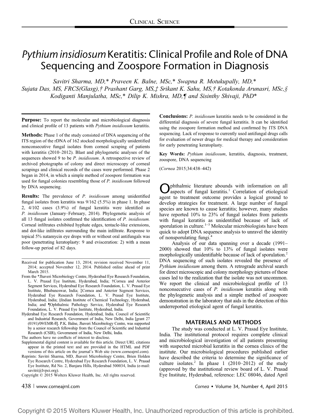 Pythium Insidiosumkeratitis: Clinical Profile and Role of DNA