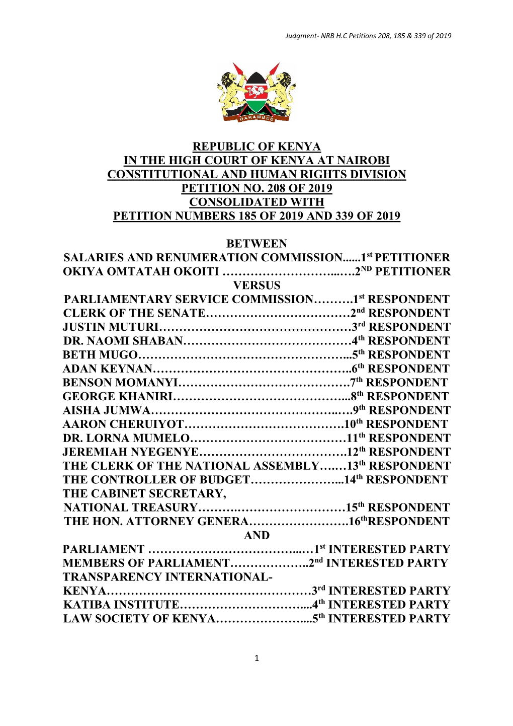 Republic of Kenya in the High Court of Kenya at Nairobi Constitutional and Human Rights Division Petition No