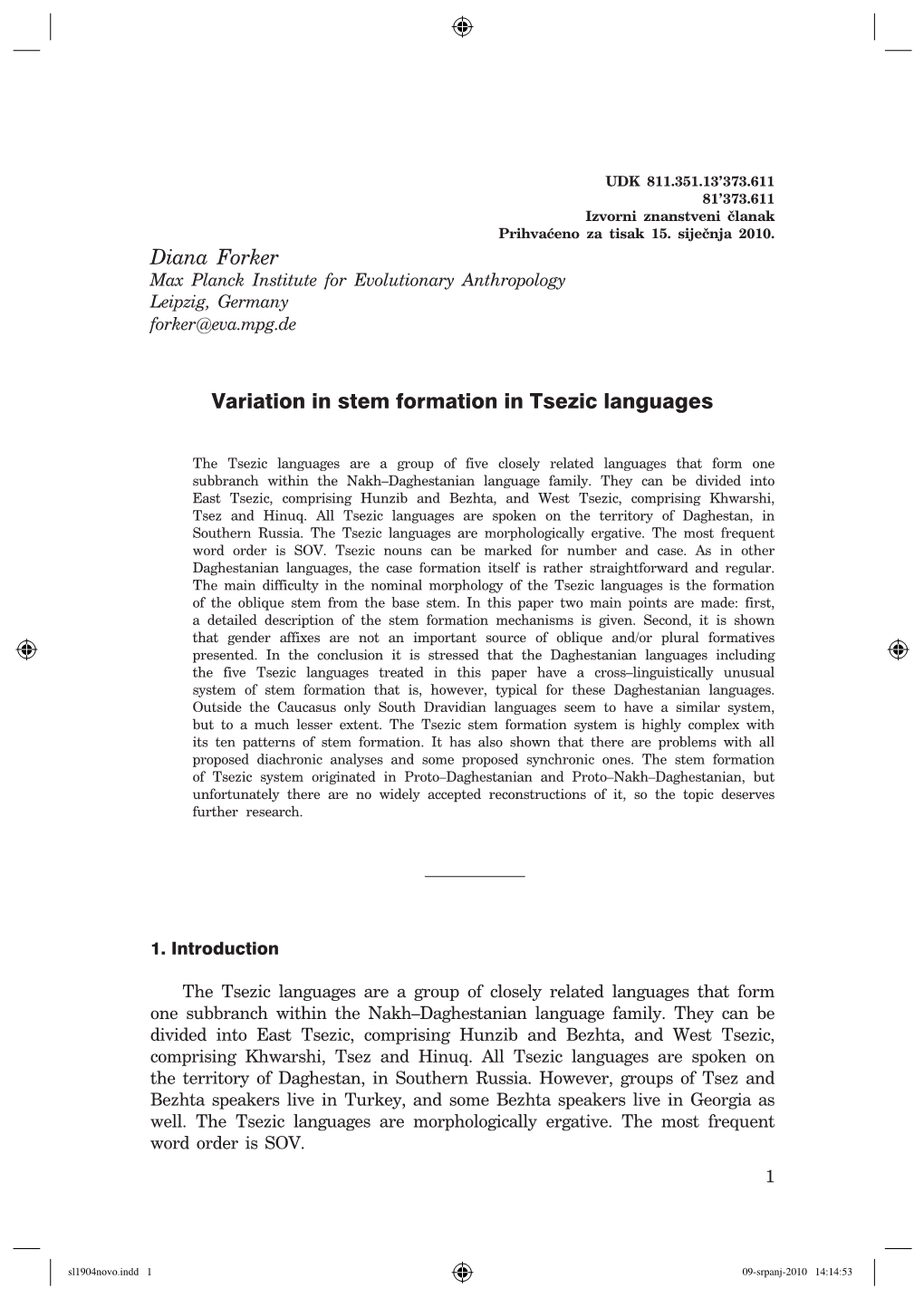 Diana Forker Variation in Stem Formation in Tsezic Languages