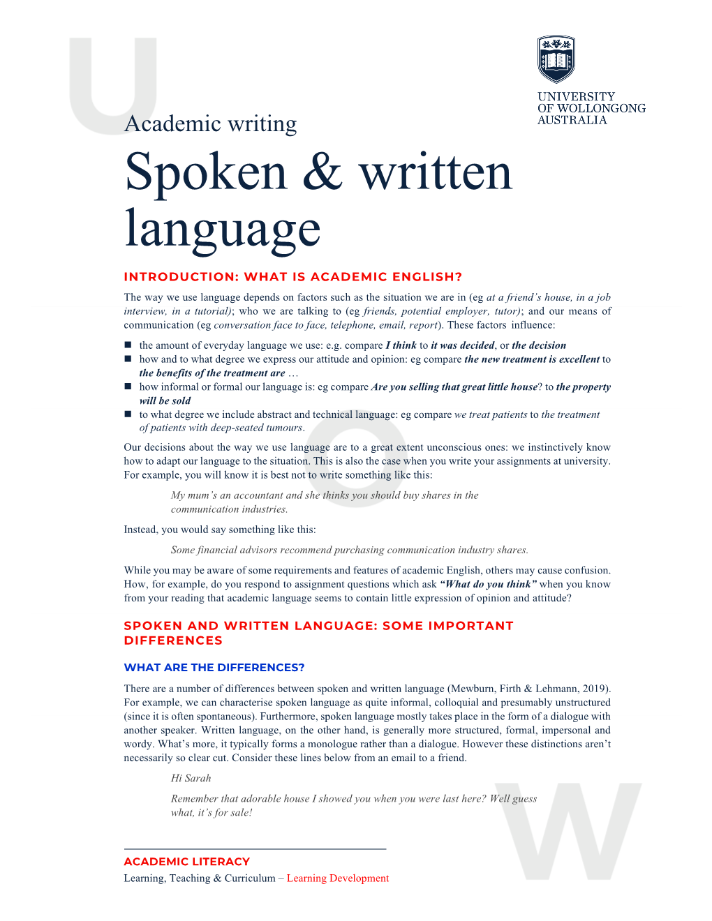 Academic Writing: Spoken & Written Language