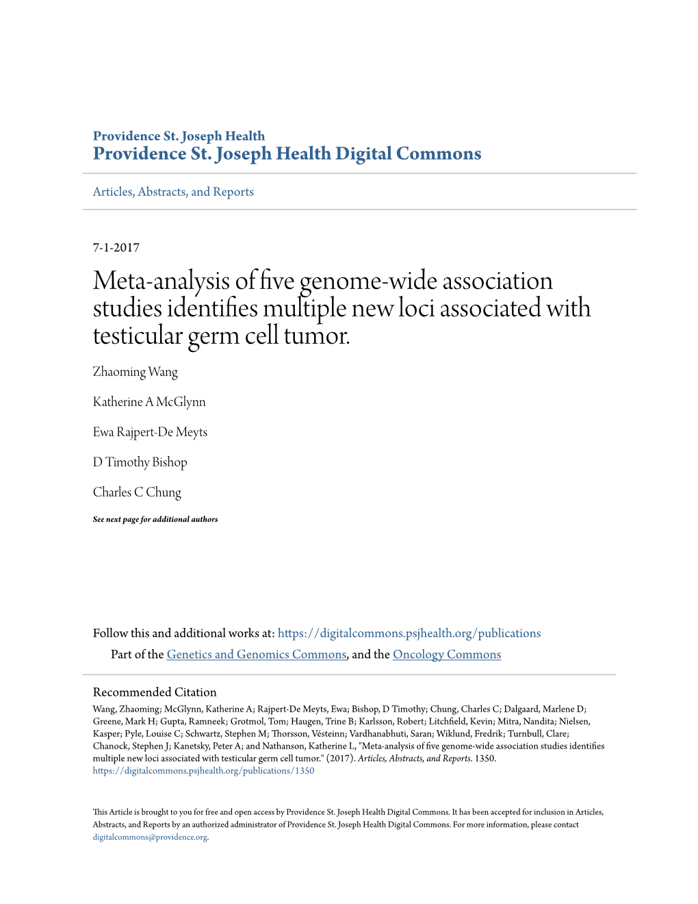 Meta-Analysis of Five Genome-Wide Association Studies Identifies Ultm Iple New Loci Associated with Testicular Germ Cell Tumor